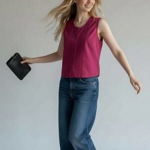 Vintage Ship n Shore Embroidered Sleeveless Collarless Button Down Top